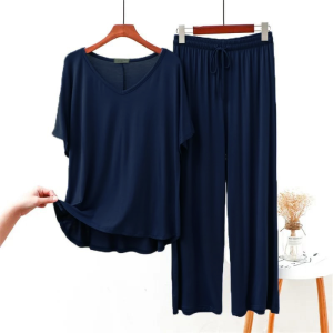 Navy Blue  Plain V Neck Short Sleeves With Palazzo Trousers(752) (short sleeves)