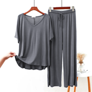 Gray Plain V Neck Short Sleeves With Palazzo Trousers(750) (short sleeves)