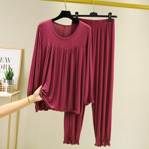 Maroon Round Neck Frill Style Shirt with Pajama Full Sleeves(753)