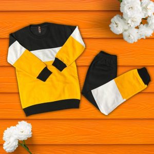 Yellow Black and White Panel Shirt with Panel Trouser Full Sleeves Track Suit for Kids(each) KWT-13