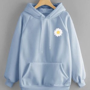 Light Blue With White Flower Hoodie For Winter (778)